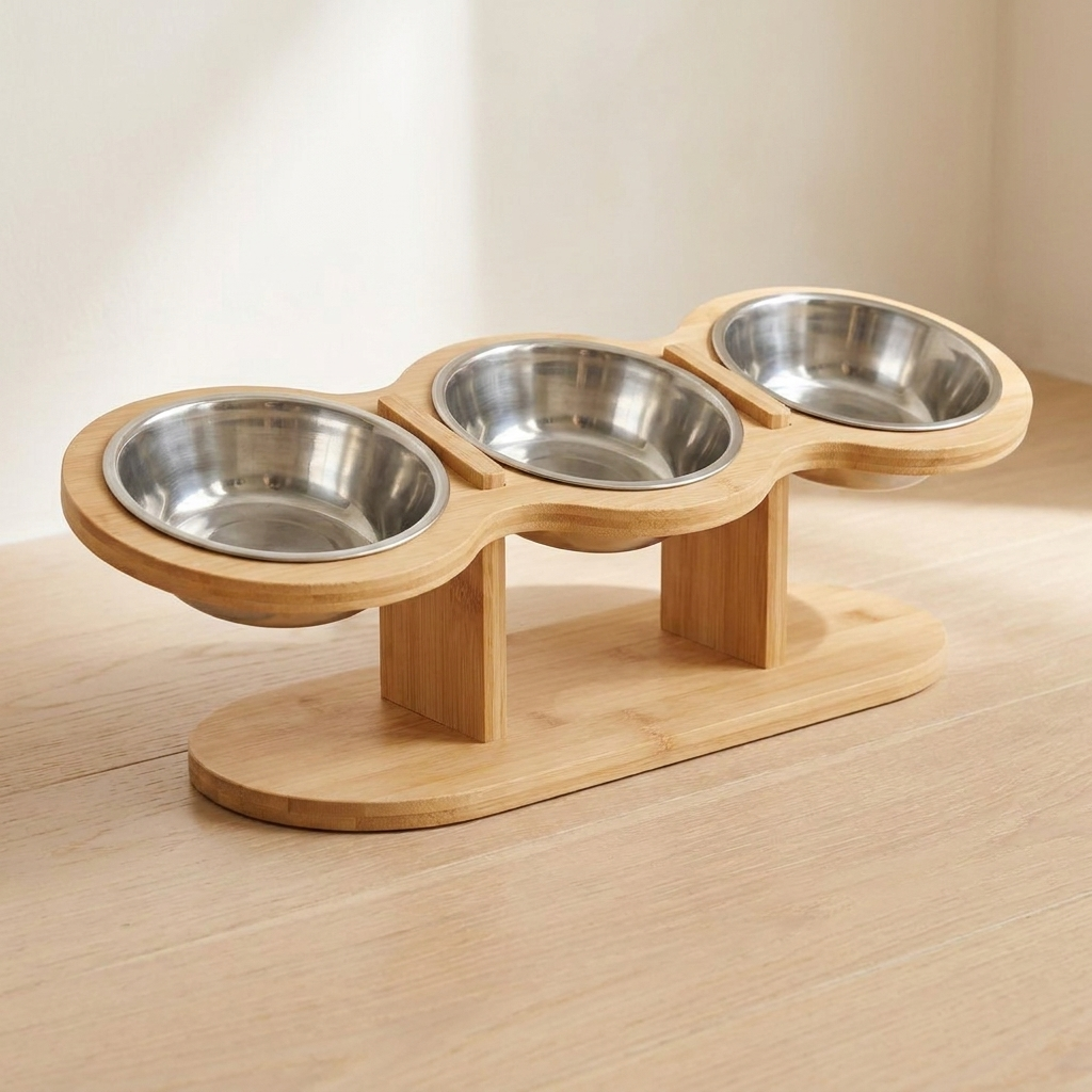 Tilted three bowl bamboo pet feeding station with an oval base on oak floorboards