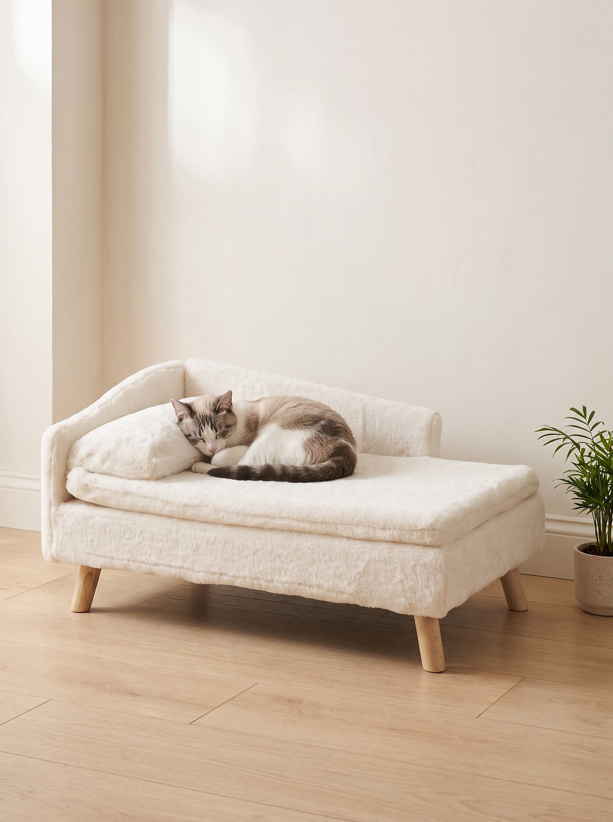 Grey and white cat curled asleep on the cream cushion of the elevated pet stool bed