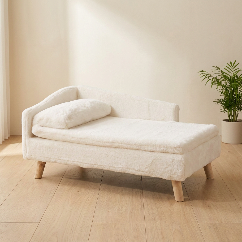 Cream plush elevated pet stool bed with its loose cushion on four pale wooden legs