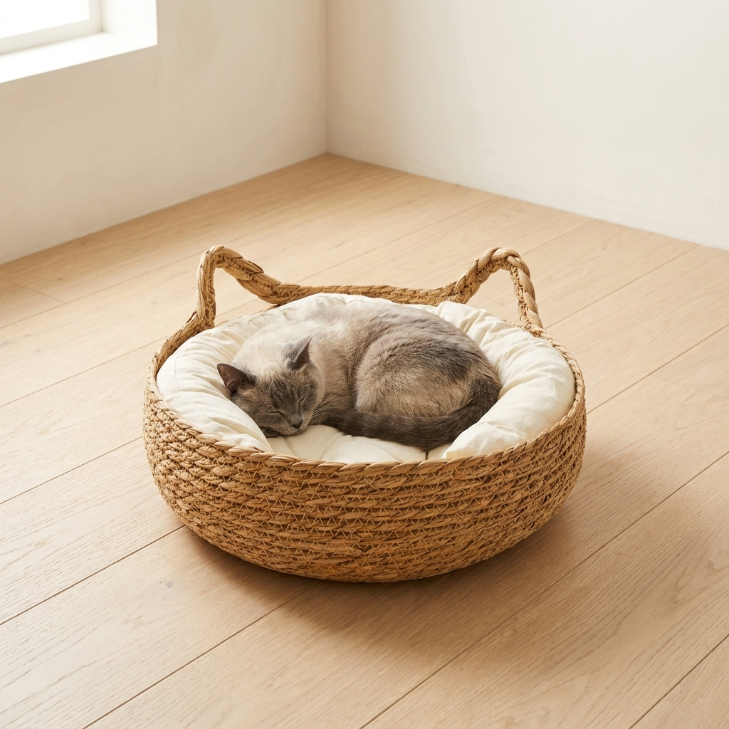 Grey cat curled asleep on the cream cushion inside the woven seagrass basket bed