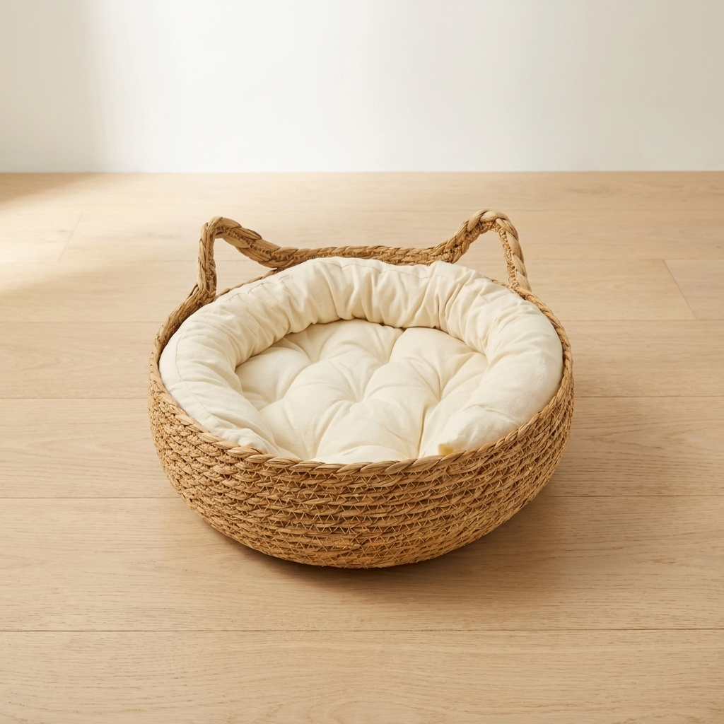 Handwoven seagrass cat basket bed with a cream tufted cushion on oak floorboards