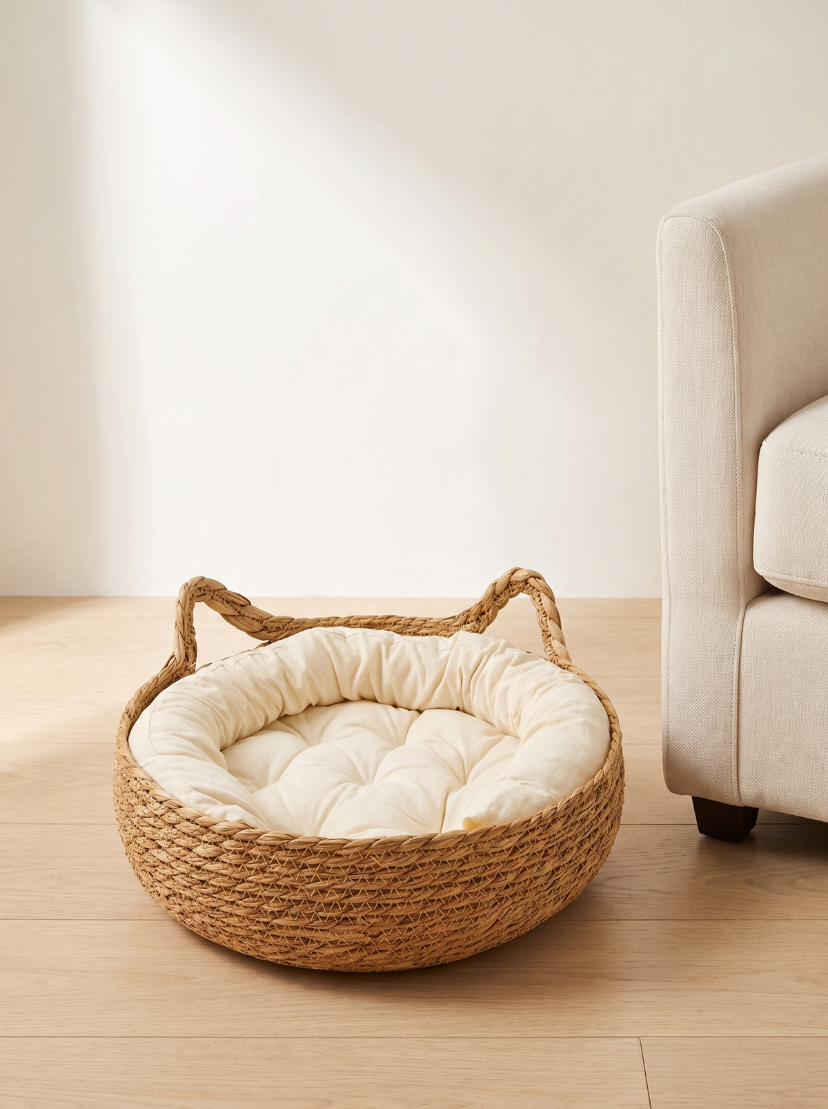 The seagrass cat basket bed on the floor beside a cream armchair