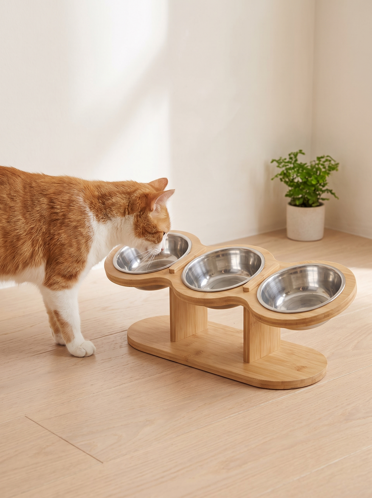 Ginger cat feeding from the whisker friendly tilted bowls at a comfortable neck height