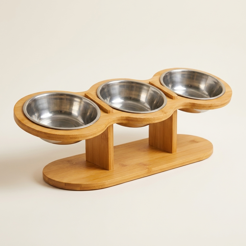 Studio view of the three bowl tilted pet feeding station on its oval bamboo base