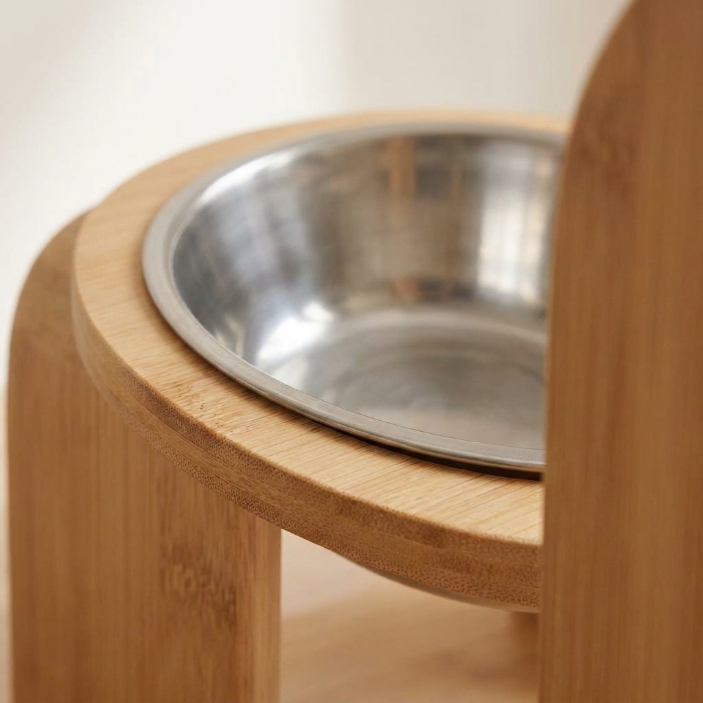 Close detail of a stainless steel bowl seated in the tilted bamboo deck