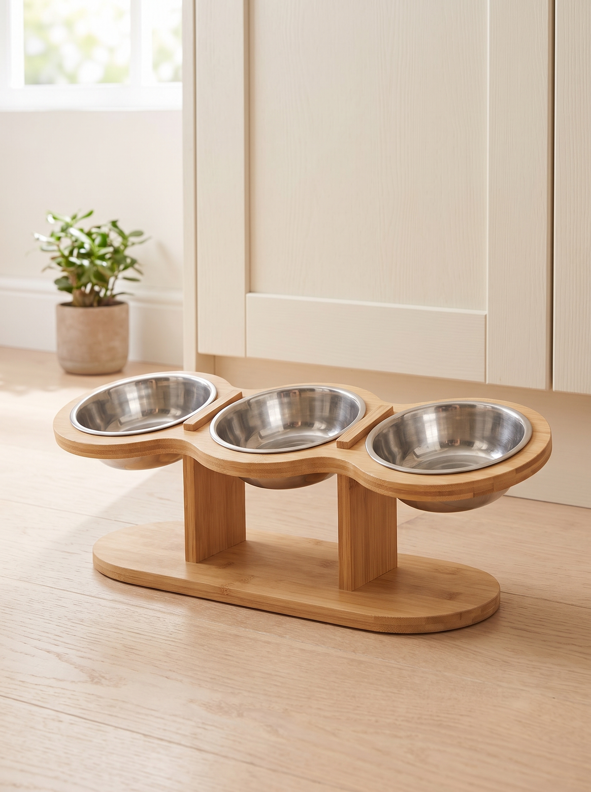 The bamboo feeding station standing at the foot of a cream kitchen cabinet