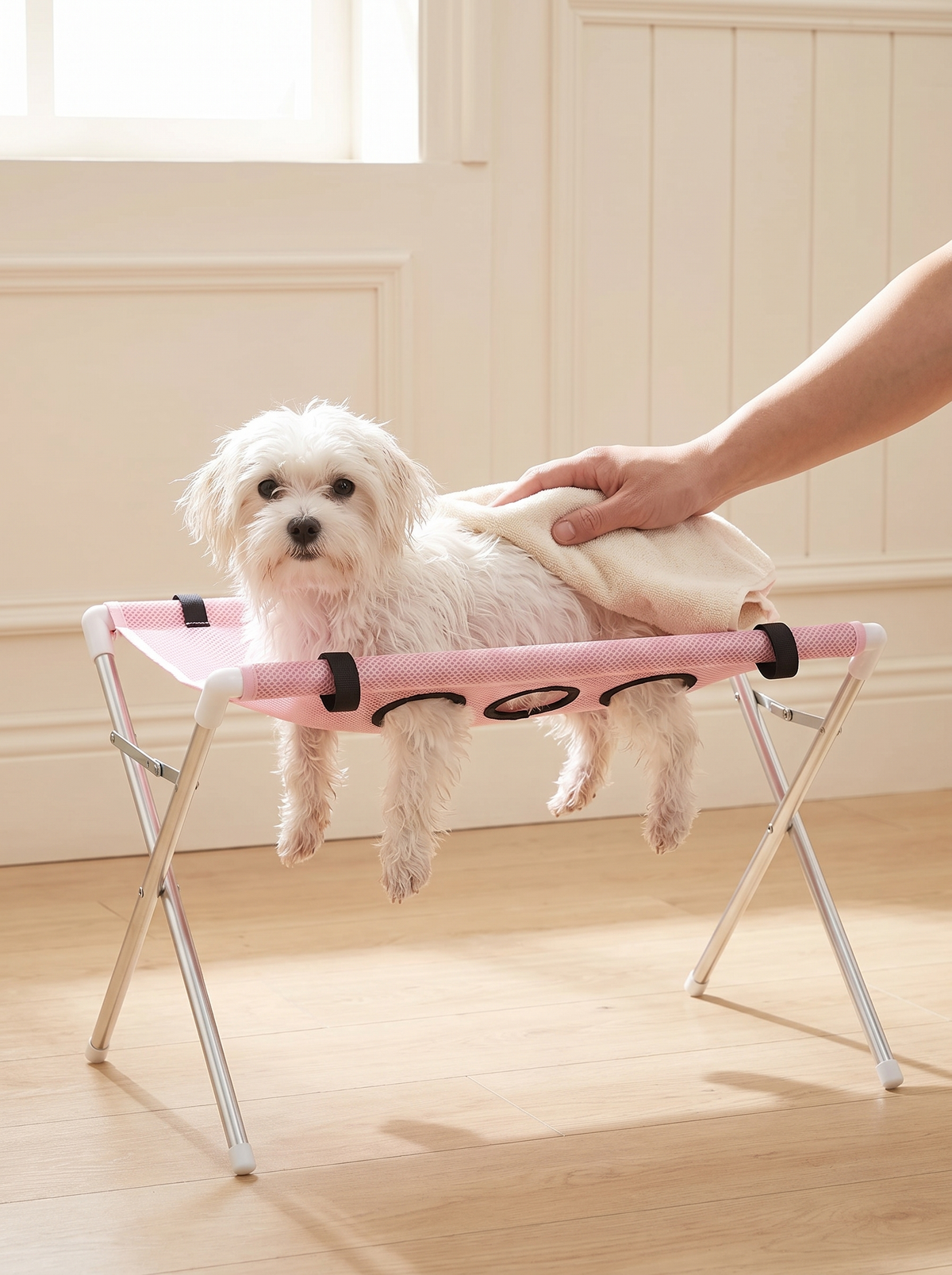 Small white dog being towel dried while resting in the pink bath hammock stand