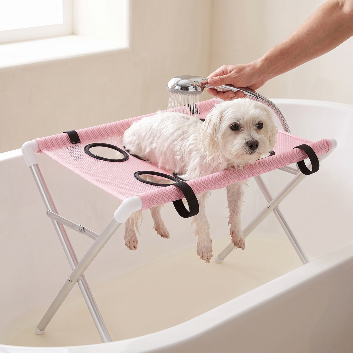 Small white dog in the pink bath hammock stand with its legs through the openings, being rinsed with a hand shower