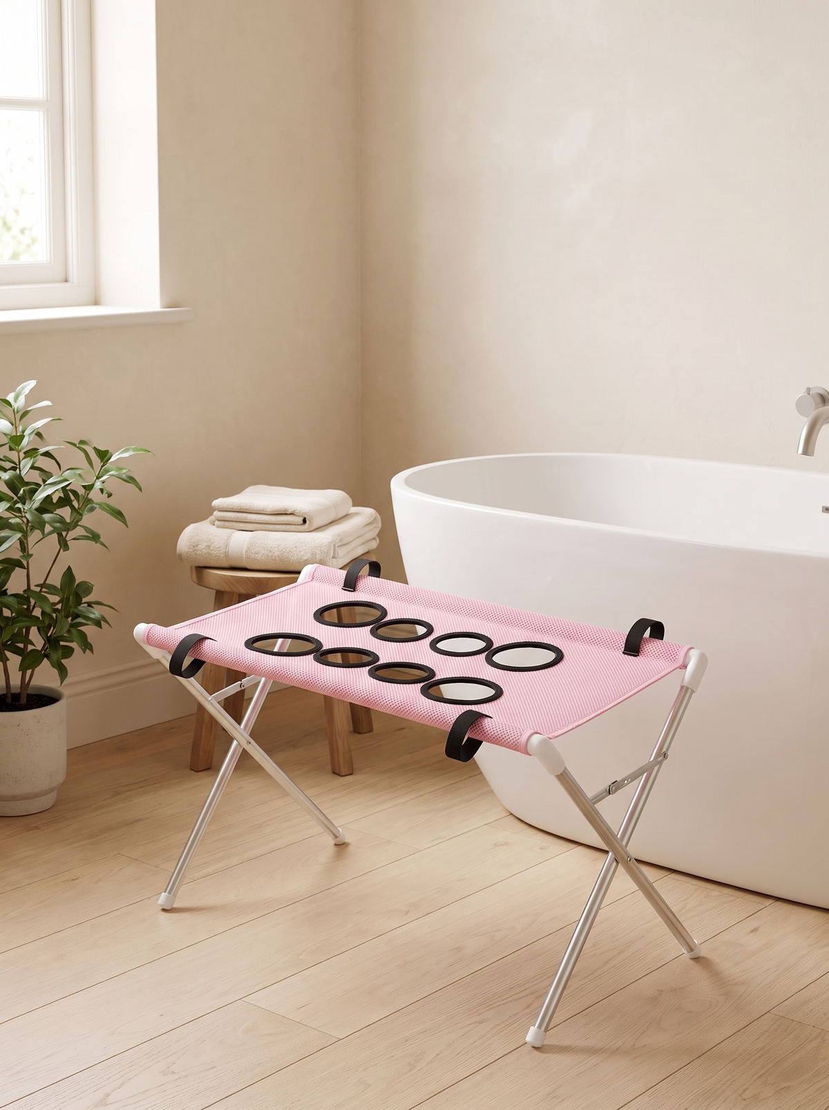 Pink dog bath hammock stand set up beside a freestanding bath in a bright bathroom