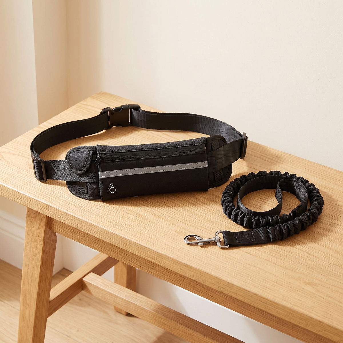 Black hands free dog lead with zipped waist bag and bungee section on an oak hallway bench