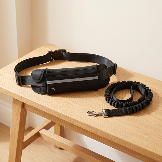 Black hands free dog lead with zipped waist bag and bungee section on an oak hallway bench