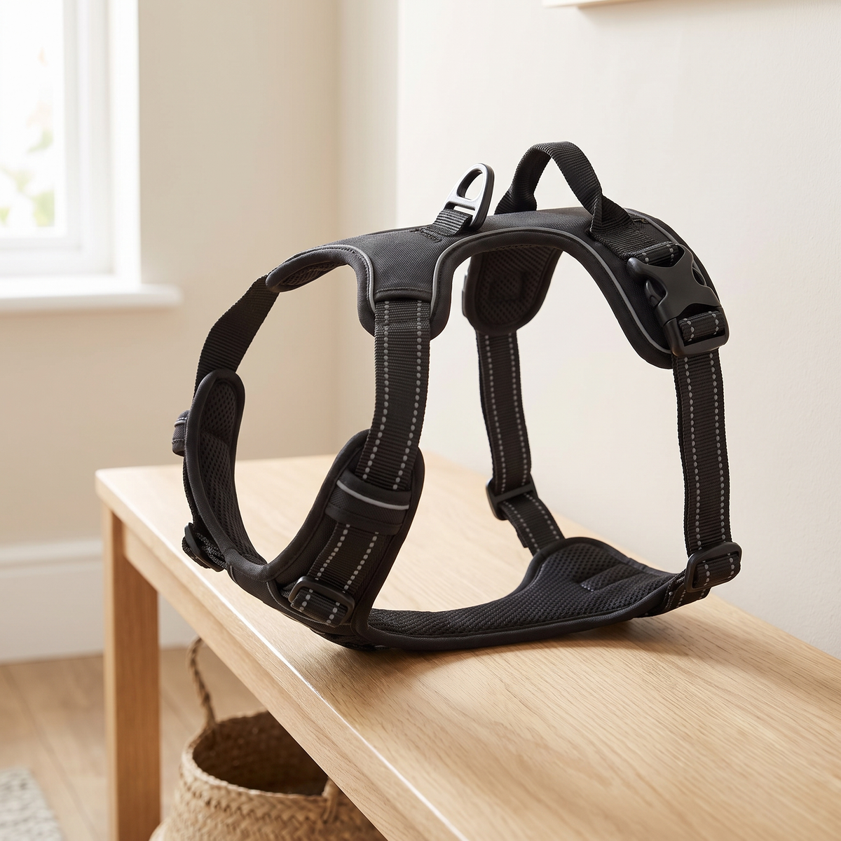 Black no pull dog harness with reflective stitching and top handle on an oak hallway bench