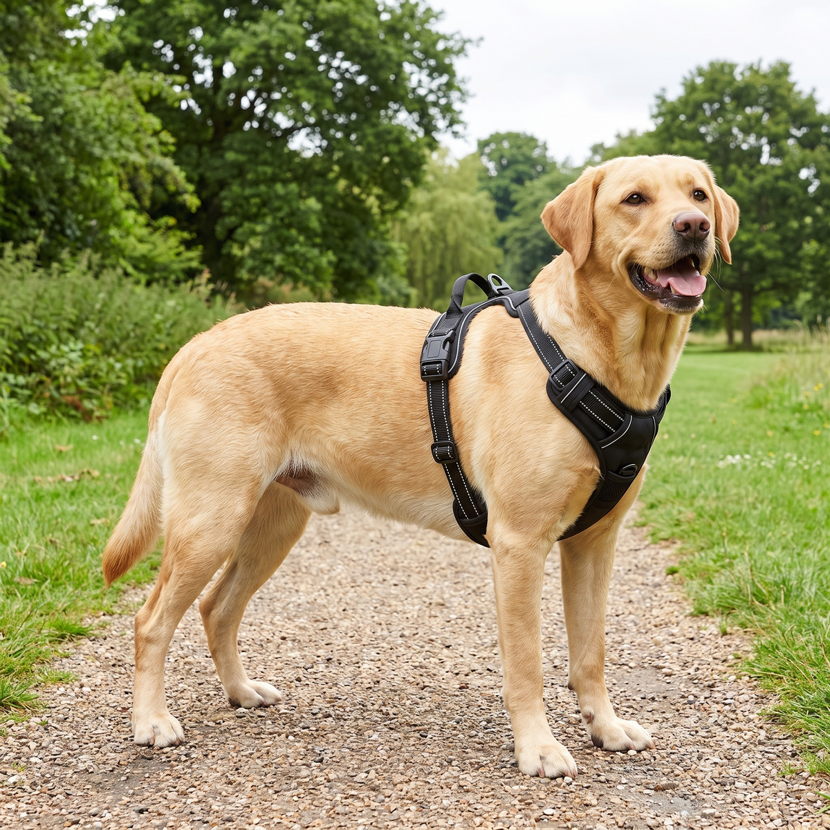 Yellow Labrador wearing the black padded no pull dog harness on a park path