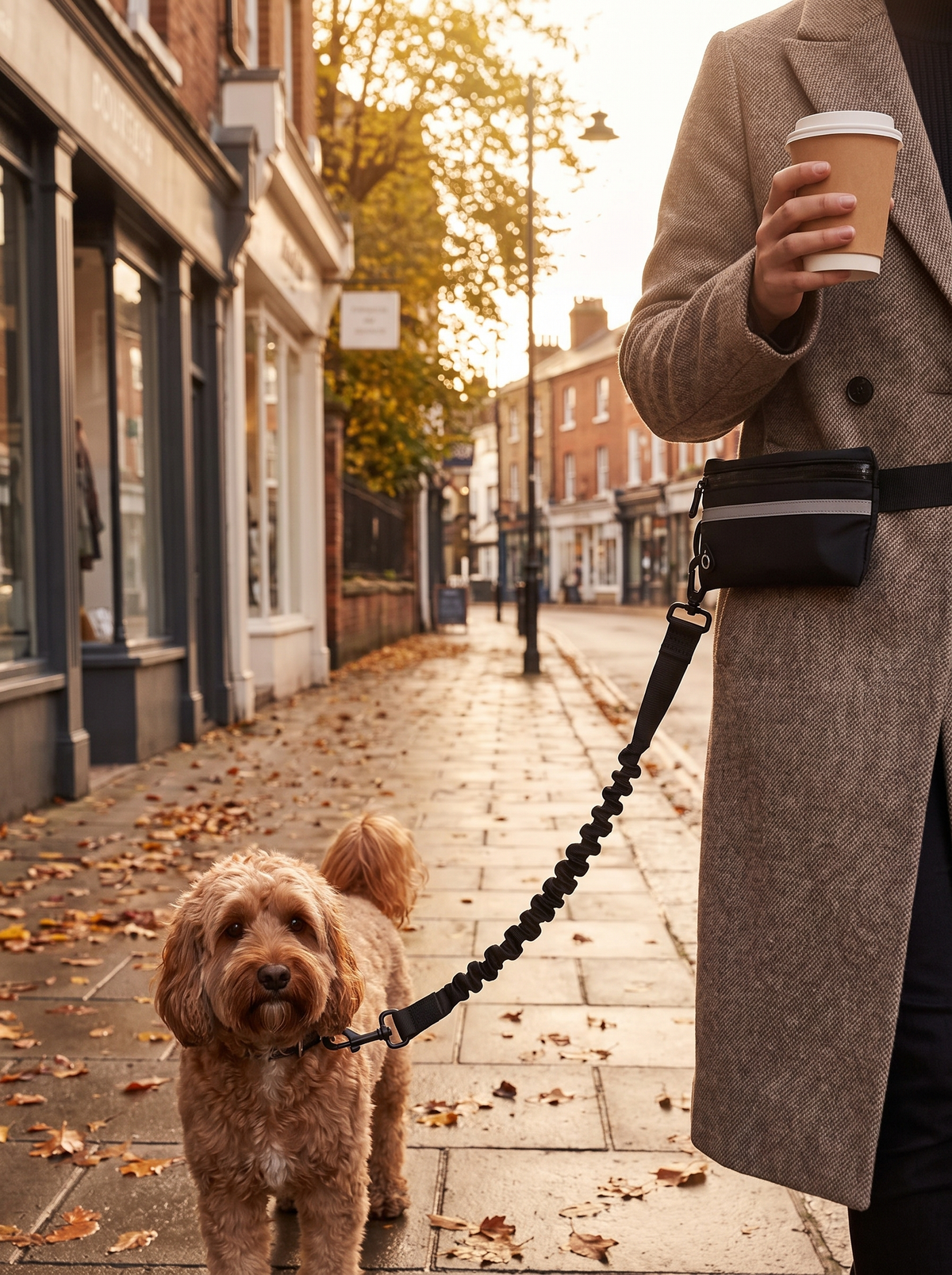 Person walking a cockapoo on the hands free waist lead while holding a coffee cup