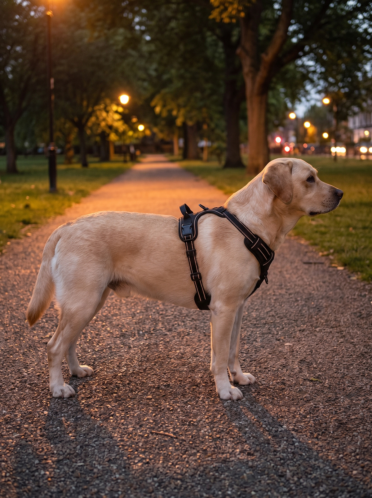 Labrador wearing the black dog harness at dusk with its reflective stitching catching the light
