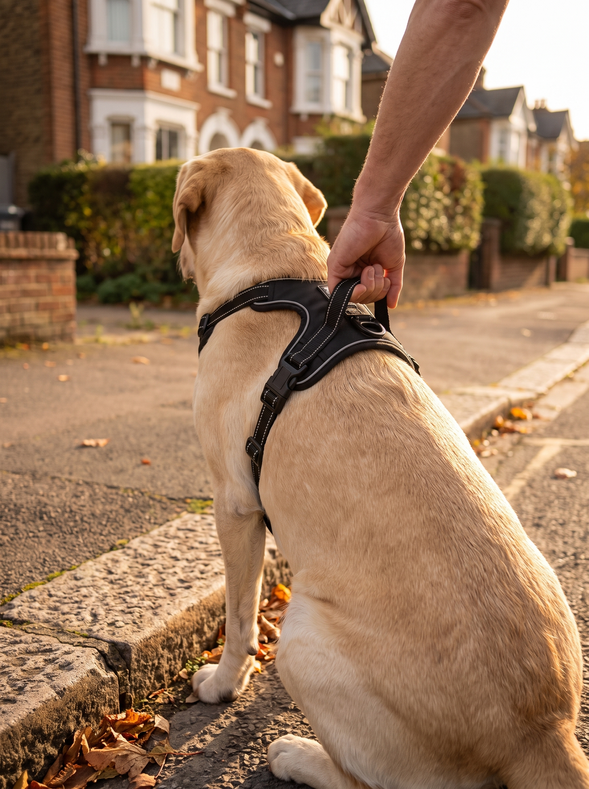 Hand holding the top grab handle of the black dog harness on a Labrador sitting at a kerb