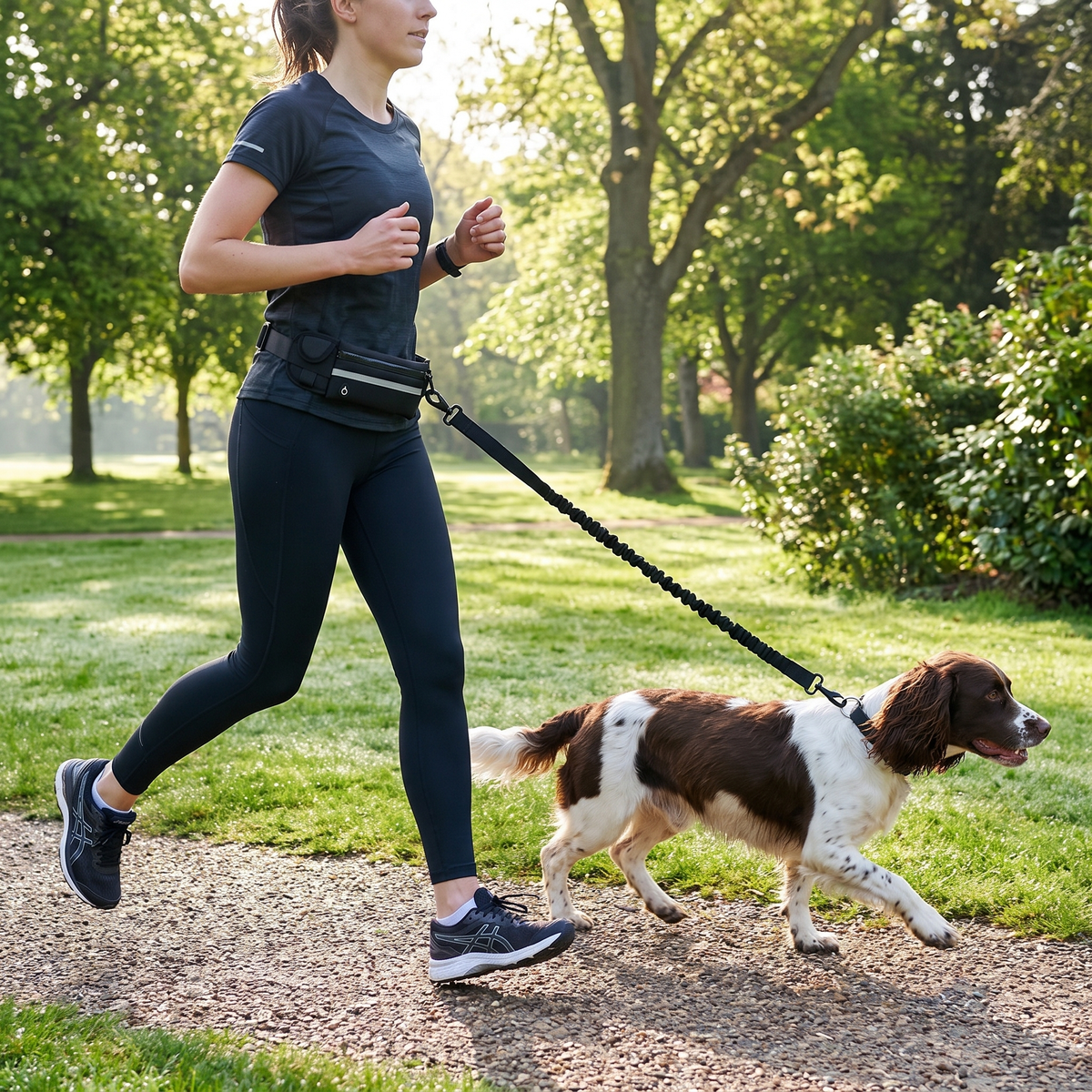 Woman jogging in a park with a springer spaniel on the hands free waist lead, both hands free
