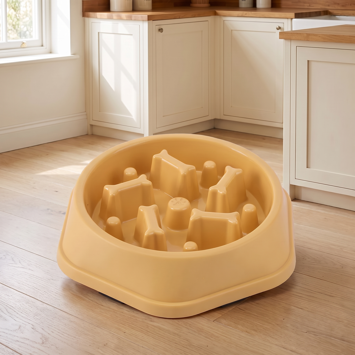 Pale yellow slow feeder dog bowl with raised bone-shaped ridges on an oak kitchen floor
