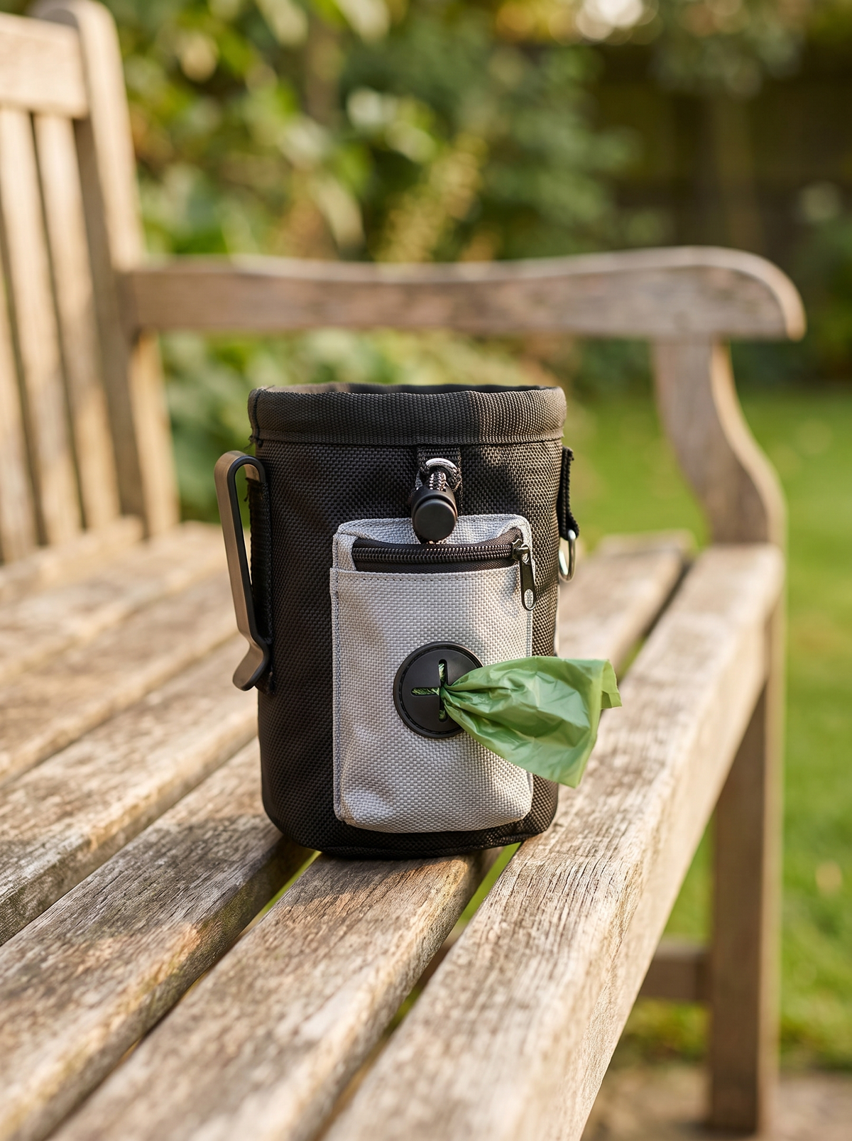 Green poo bag pulled through the side dispenser outlet of the dog treat pouch on a garden bench