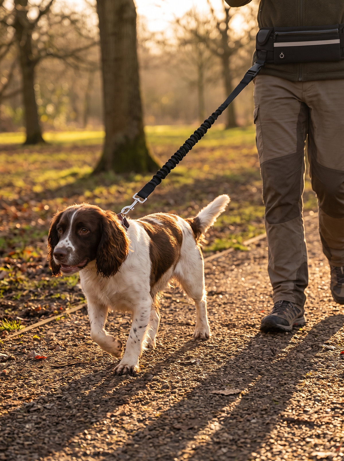 Springer spaniel pulling ahead with the bungee section of the hands free lead stretched