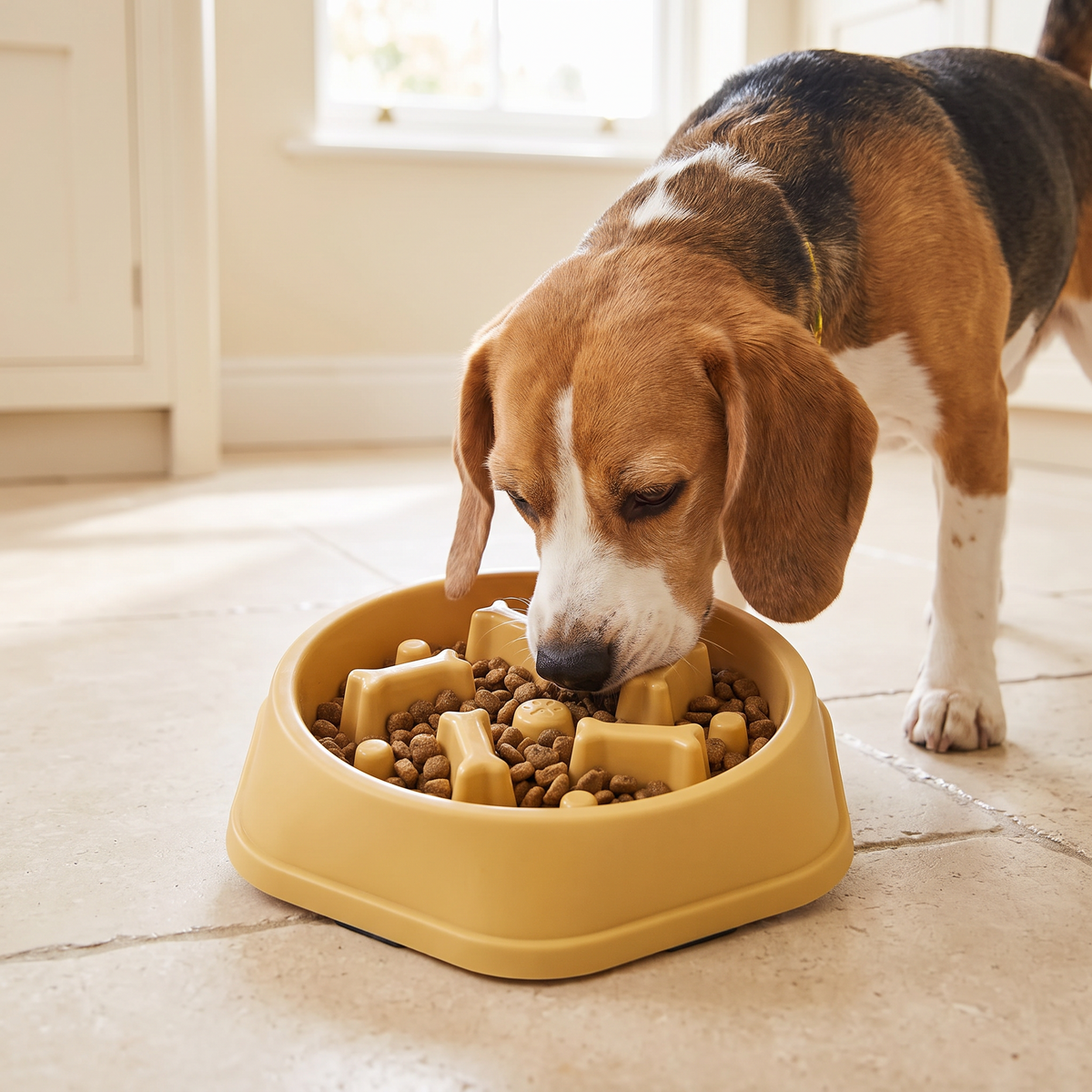 Beagle eating kibble from the yellow slow feeder dog bowl in a cream kitchen