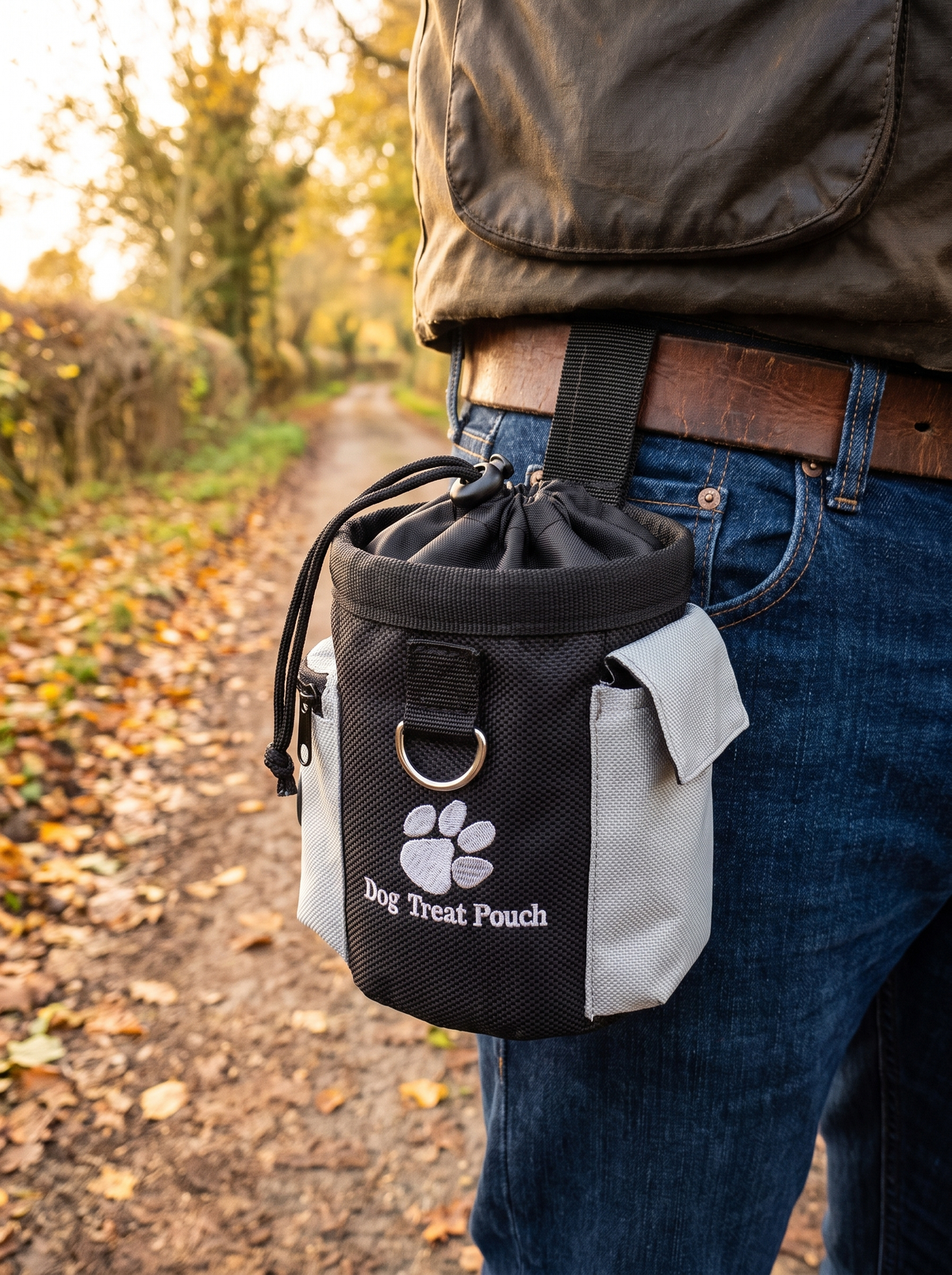 Dog treat pouch clipped to a leather belt with the drawstring pulled closed on a country walk