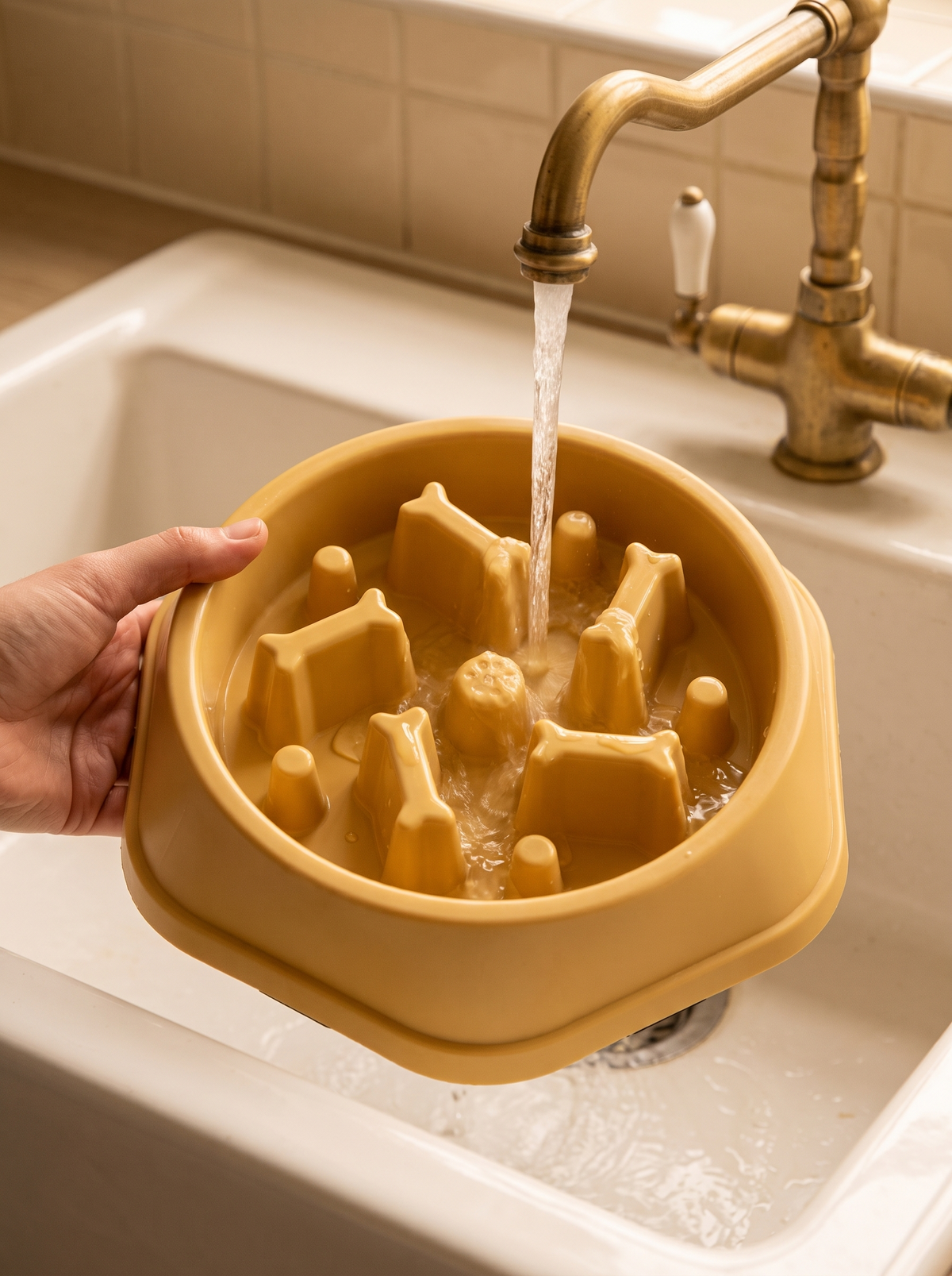 Hand rinsing the yellow slow feeder dog bowl under a kitchen tap