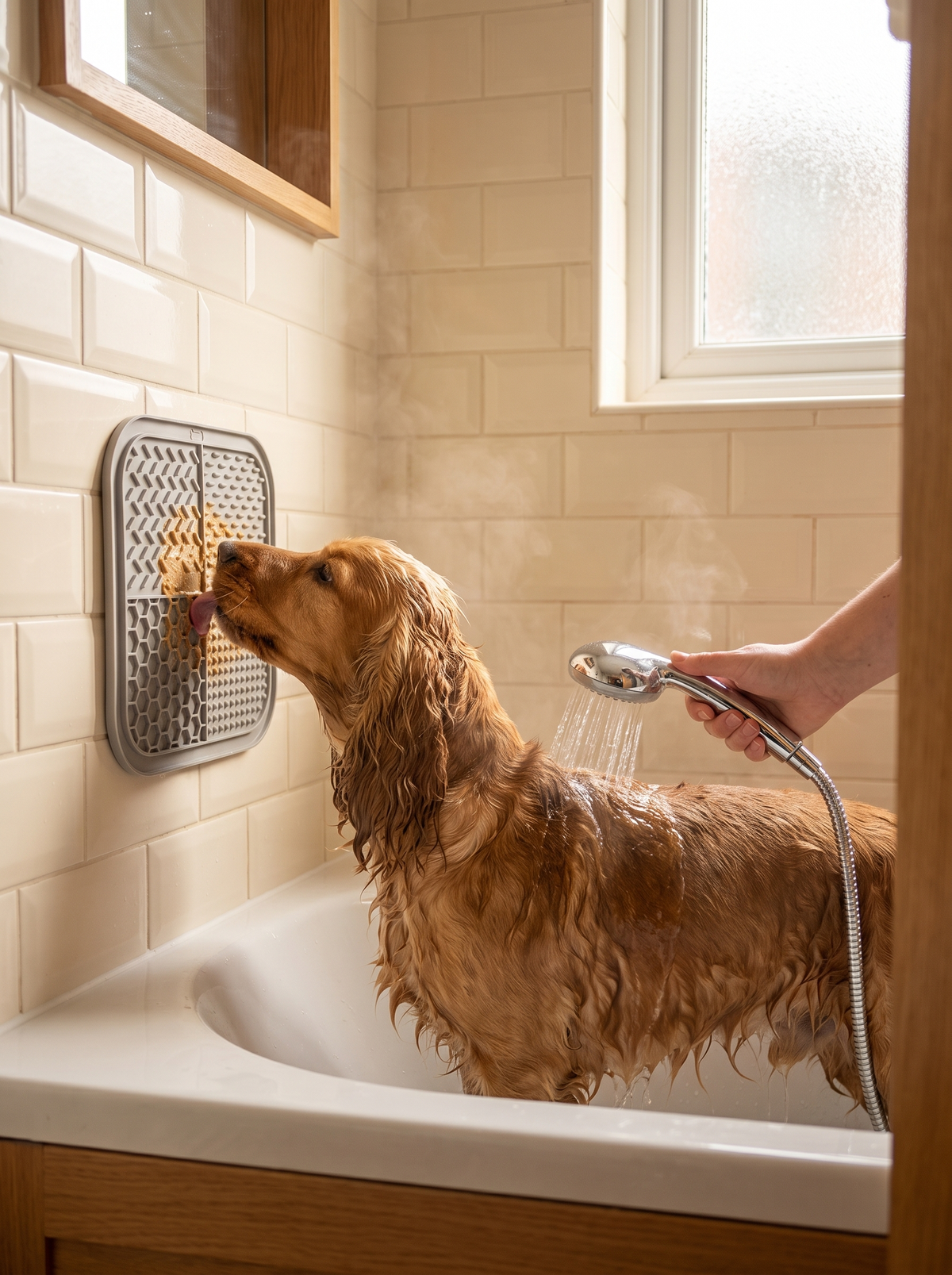 Cocker spaniel licking the grey lick mat on the bathroom wall while being rinsed with a shower head