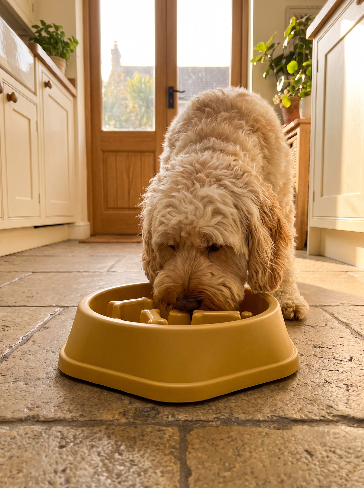 Cockapoo eating from the yellow slow feeder bowl sitting steady on a stone kitchen floor