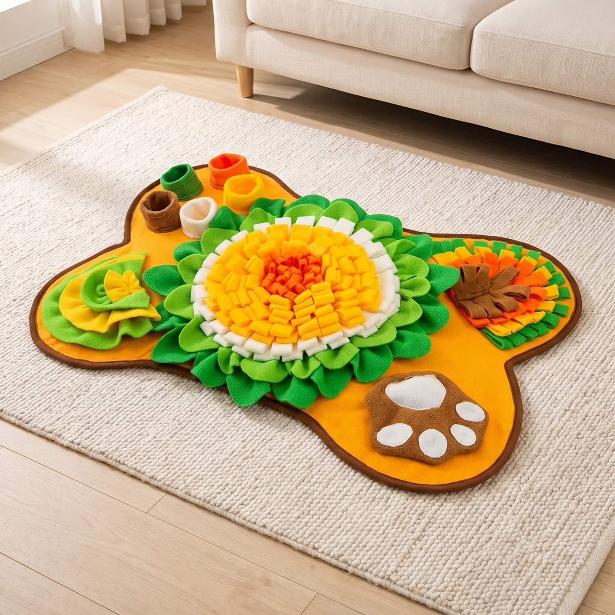 Bone shaped orange snuffle mat with a fleece sunflower centre on a living room rug