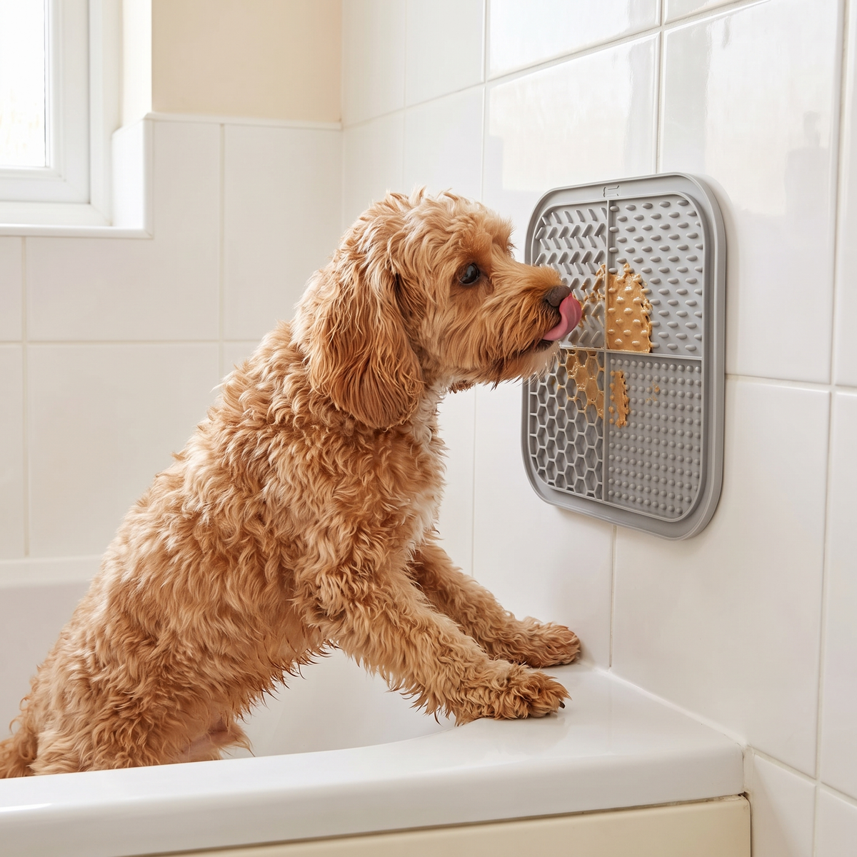 Cavapoo standing in a bath licking the grey lick mat stuck to the tiled wall