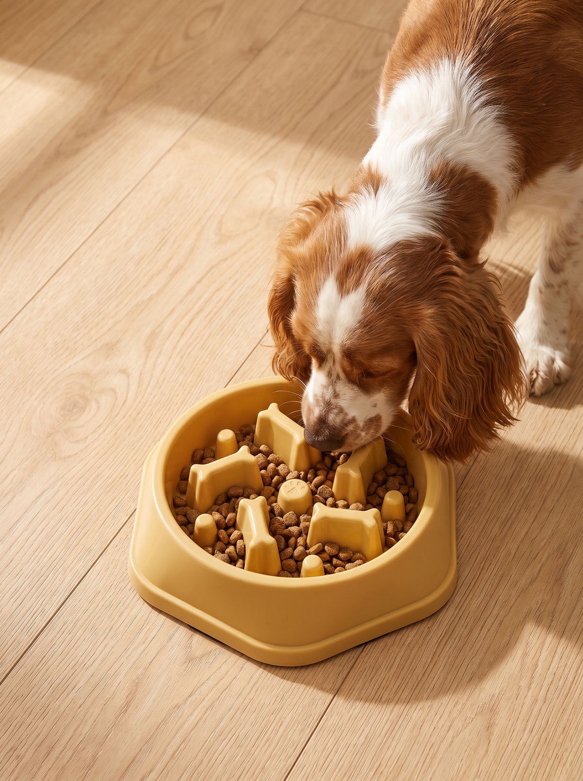Cocker spaniel nosing kibble out from between the ridges of the slow feeder bowl, seen from above