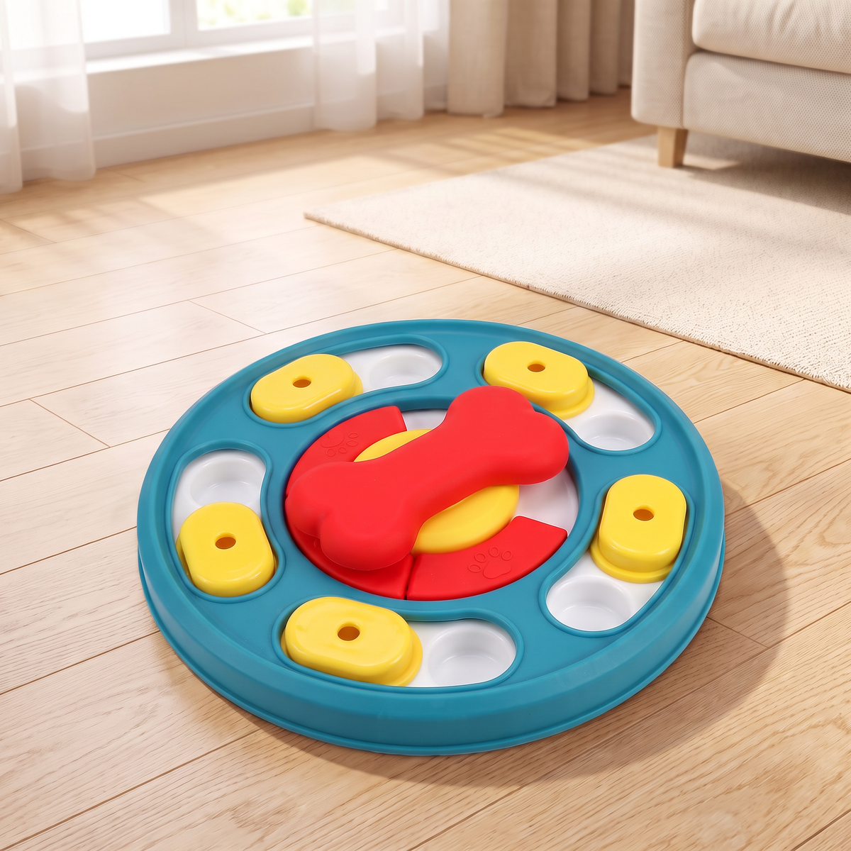 Round teal dog puzzle feeder with yellow sliders and a red bone spinner on an oak floor
