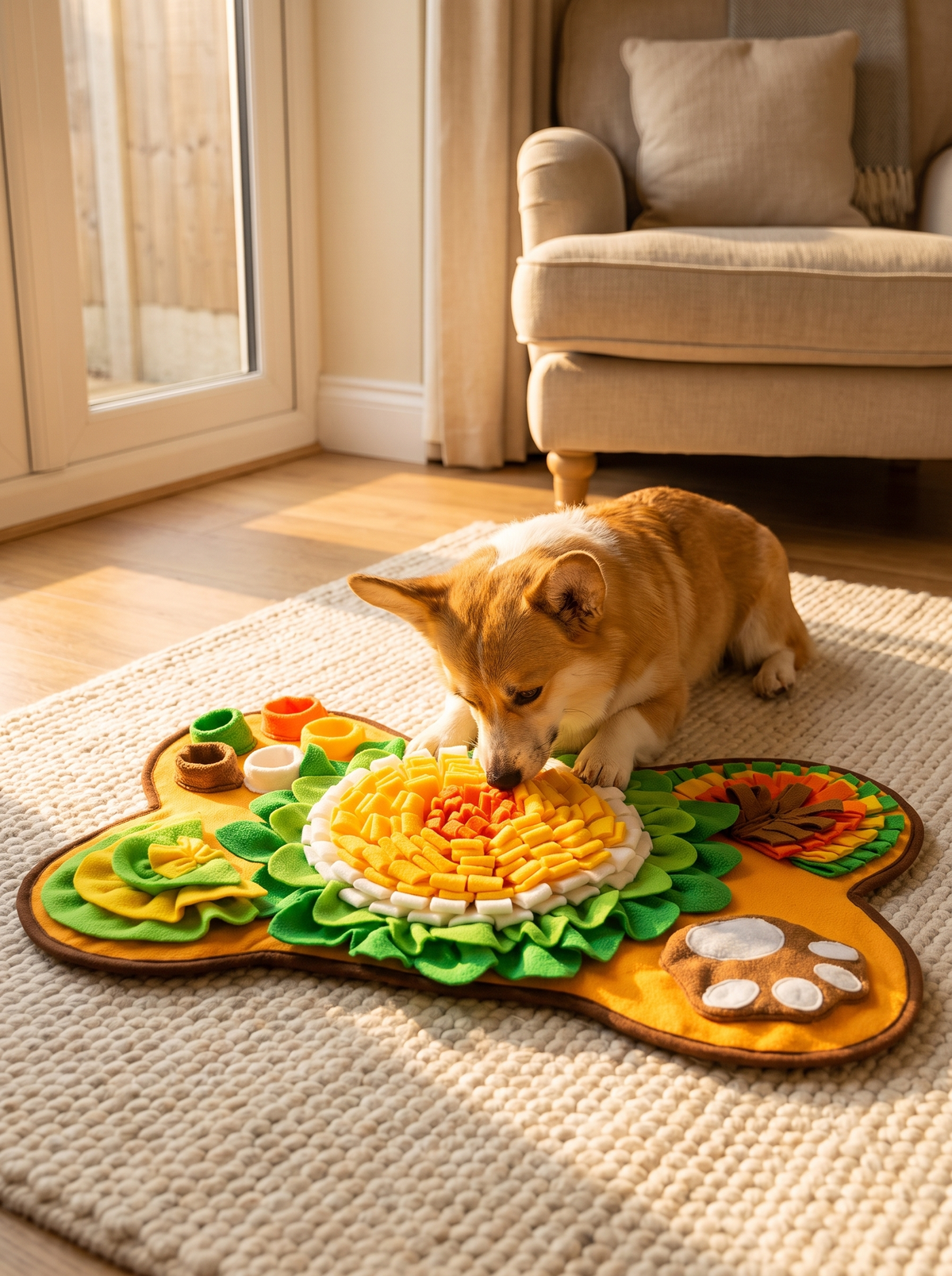 Corgi lying on a rug with its nose buried in the bone shaped snuffle mat