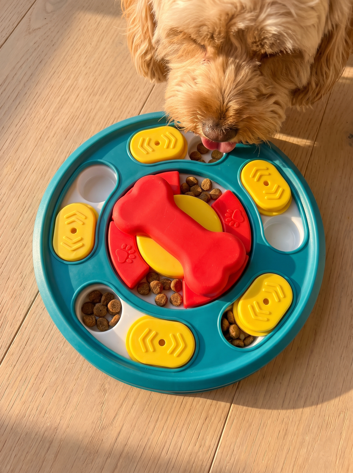 Cockapoo taking kibble from the open compartments of the dog puzzle feeder, seen from above