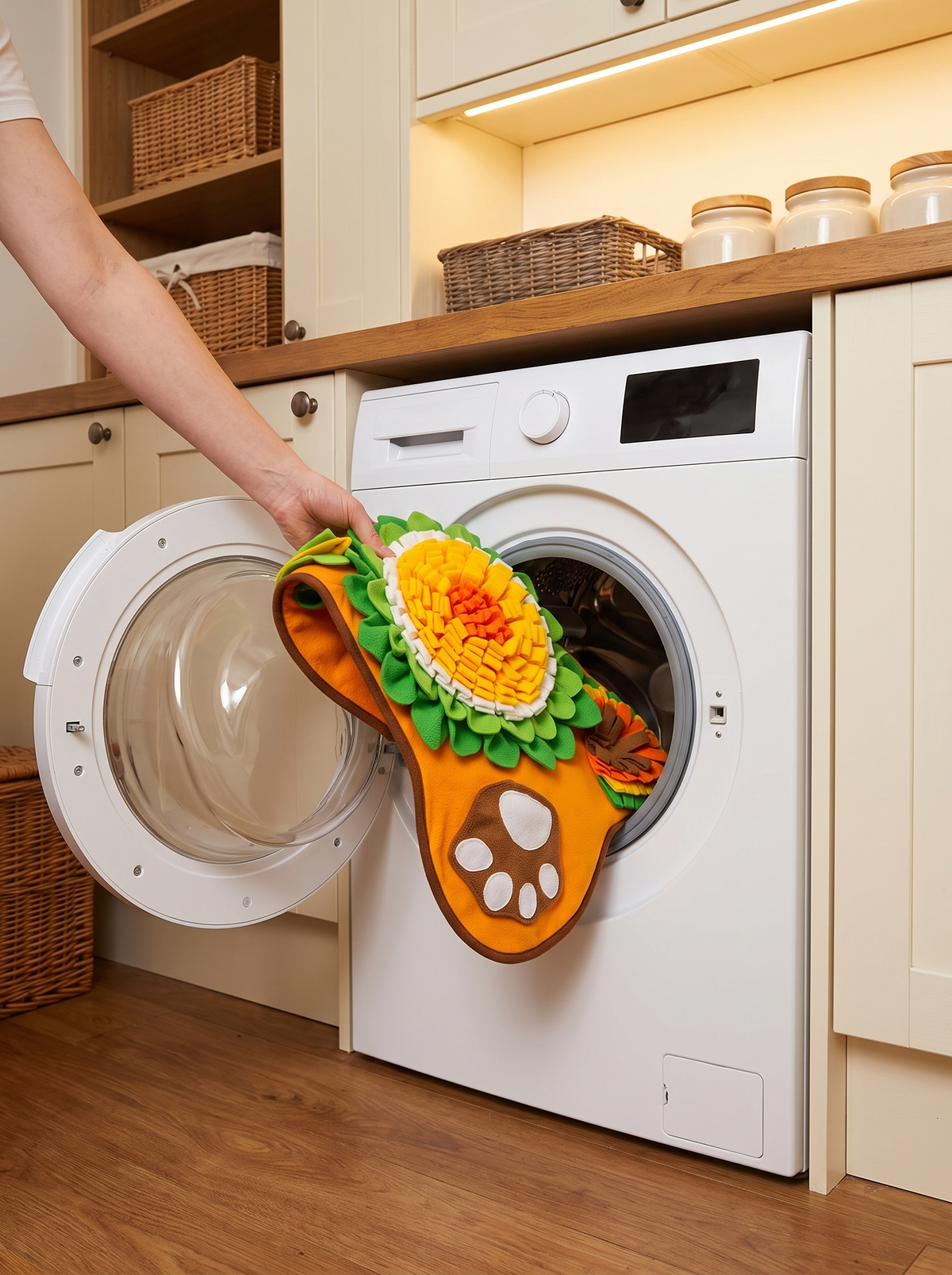 Hand putting the fleece snuffle mat into a washing machine