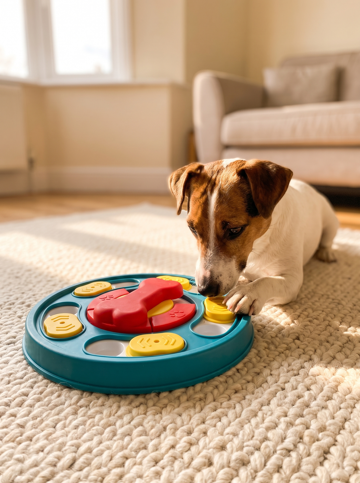 Jack Russell terrier working on the dog puzzle feeder on a living room rug