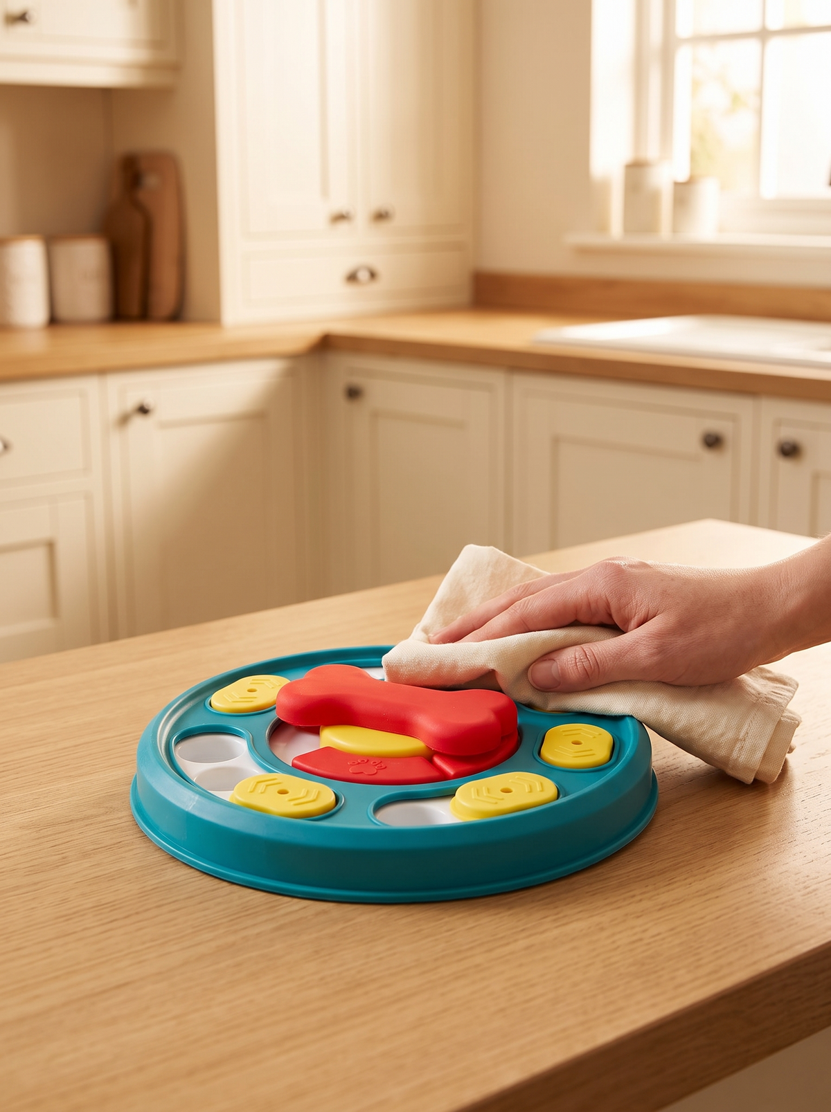 Hand wiping the dog puzzle feeder clean with a cloth on a kitchen worktop