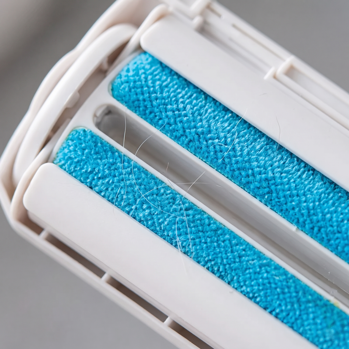 Close-up of the two blue velvet brush strips on the pet hair remover roller
