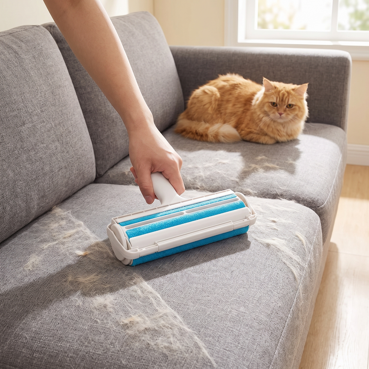 Hand rolling the pet hair remover across a grey sofa covered in fur with a ginger cat nearby