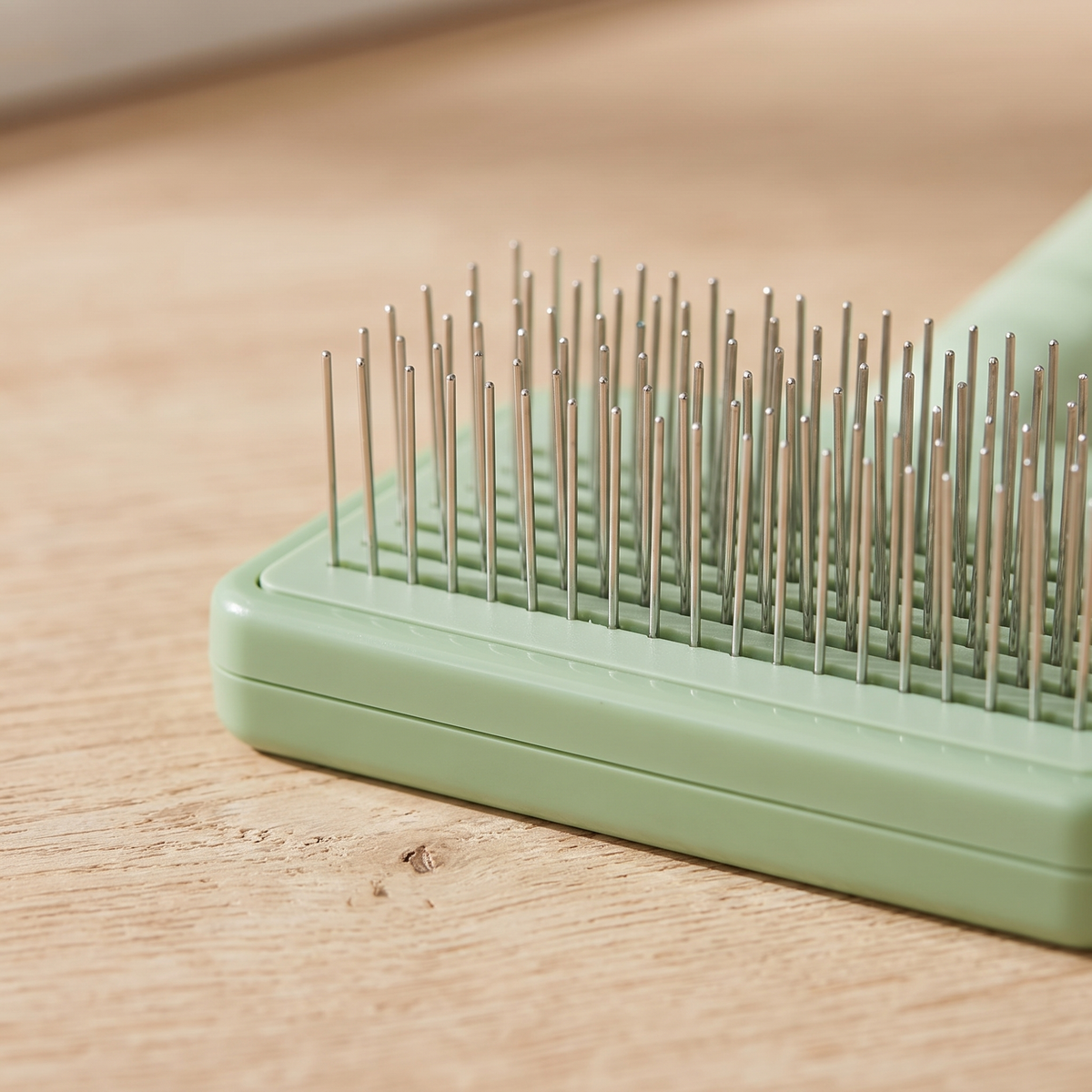 Close-up of the fine stainless steel pin teeth on the green grooming brush