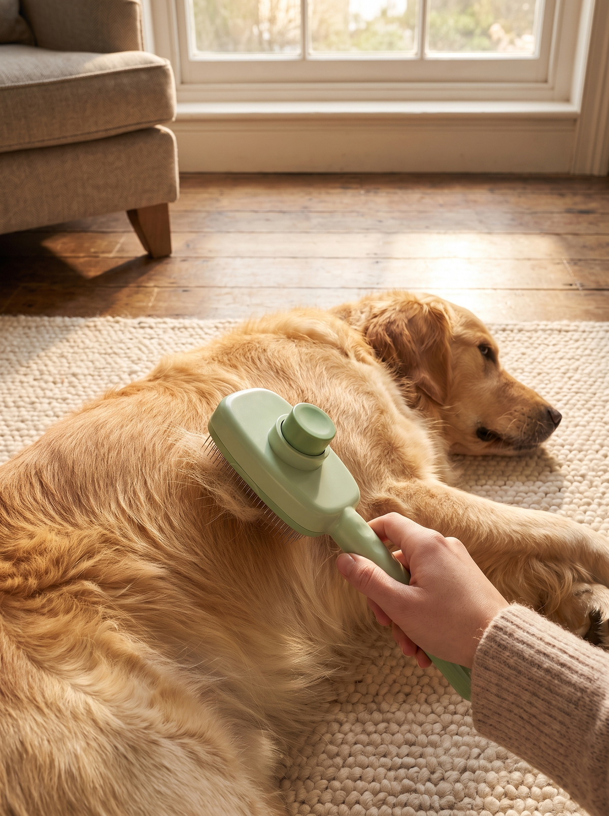 Hand brushing a golden retriever's coat with the green self cleaning grooming brush