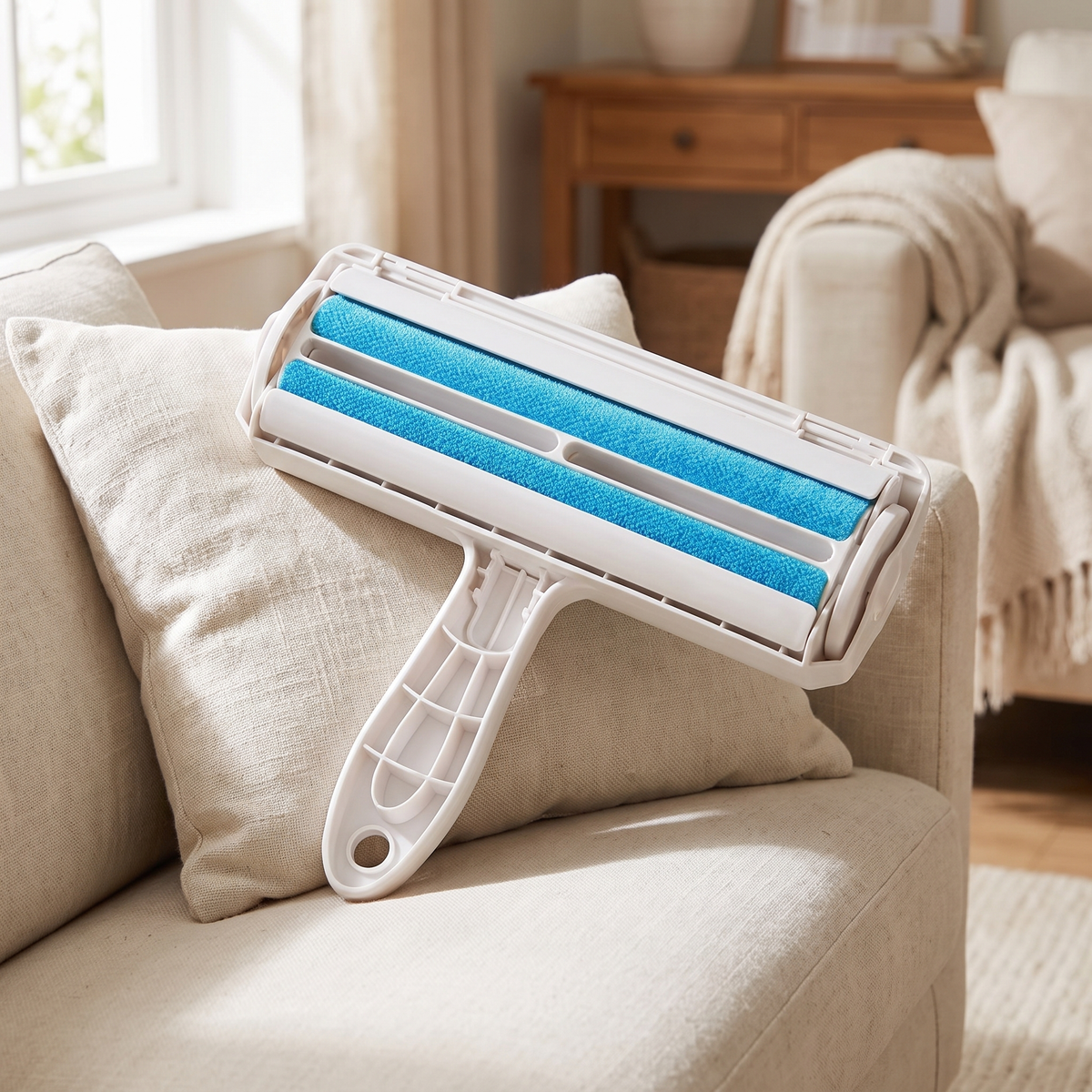 White reusable pet hair remover roller with blue brush strips resting on a cream sofa