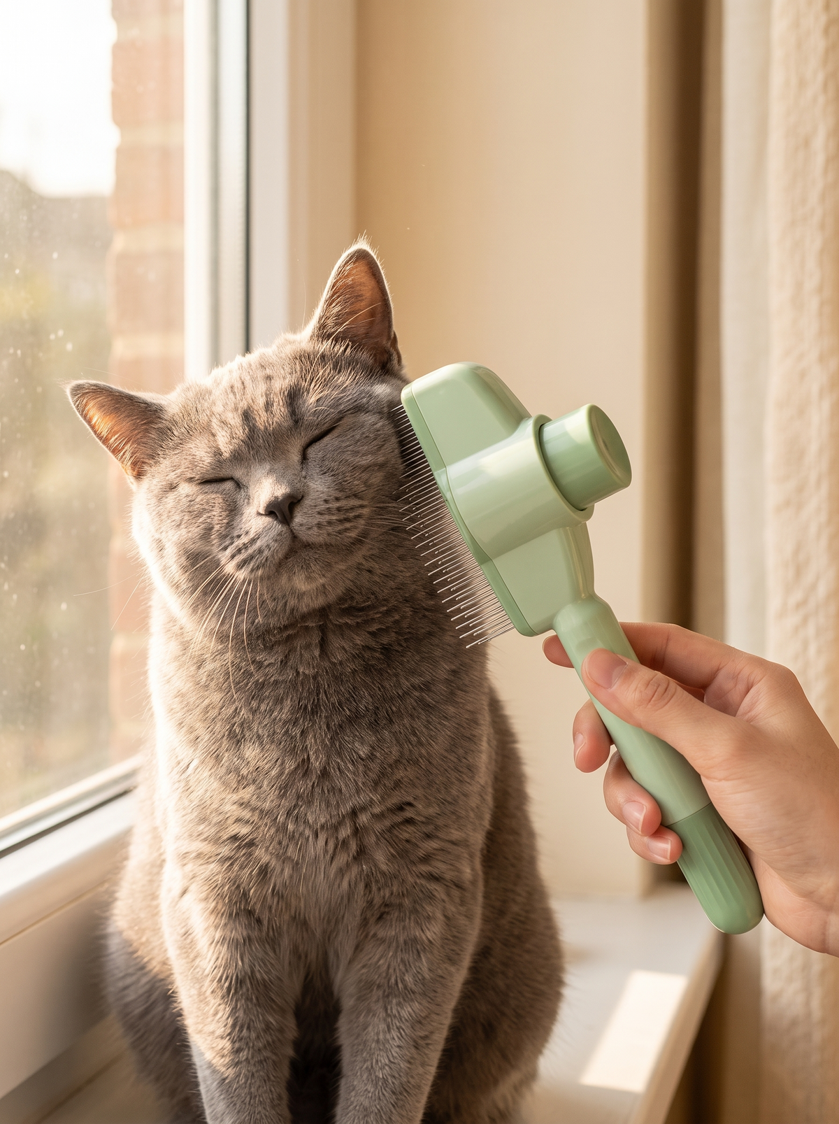 Grey British shorthair cat with eyes closed being brushed with the green grooming brush