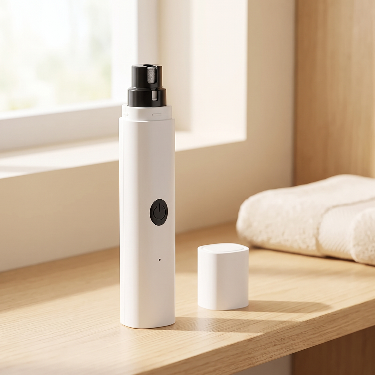 White rechargeable dog nail grinder with black grinding head and cap on a bathroom shelf
