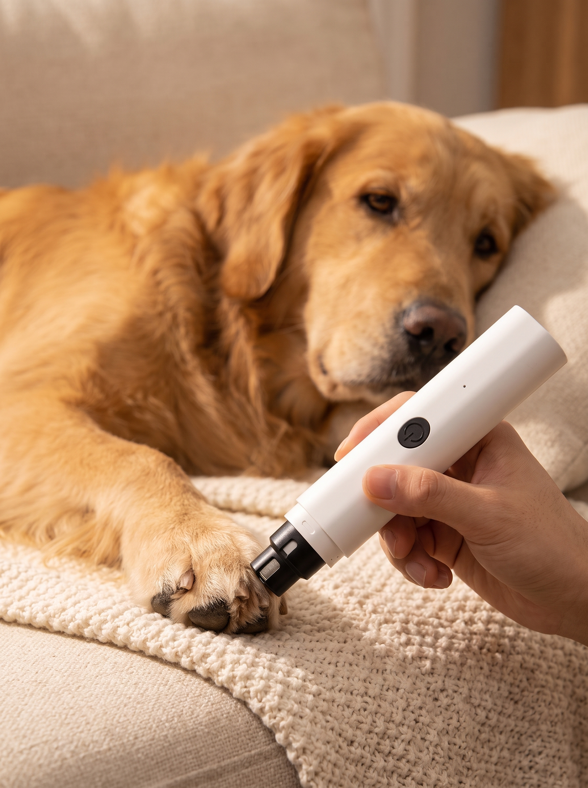 Hand using the white nail grinder on a golden retriever's paw on a sofa