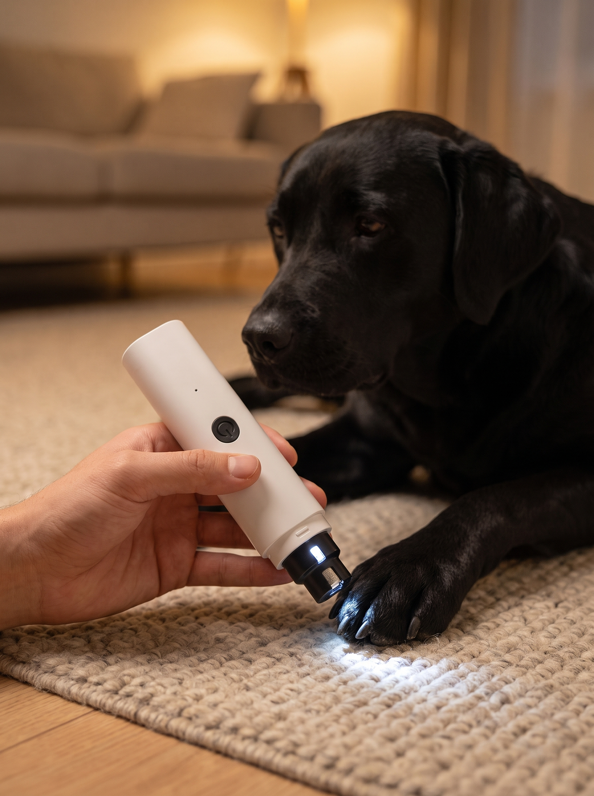 White nail grinder with its built-in light shining on a black Labrador's nail