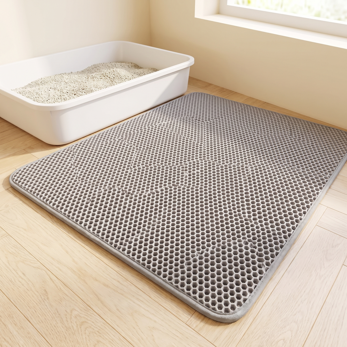 Grey honeycomb cat litter trapping mat on an oak floor in front of a white litter tray