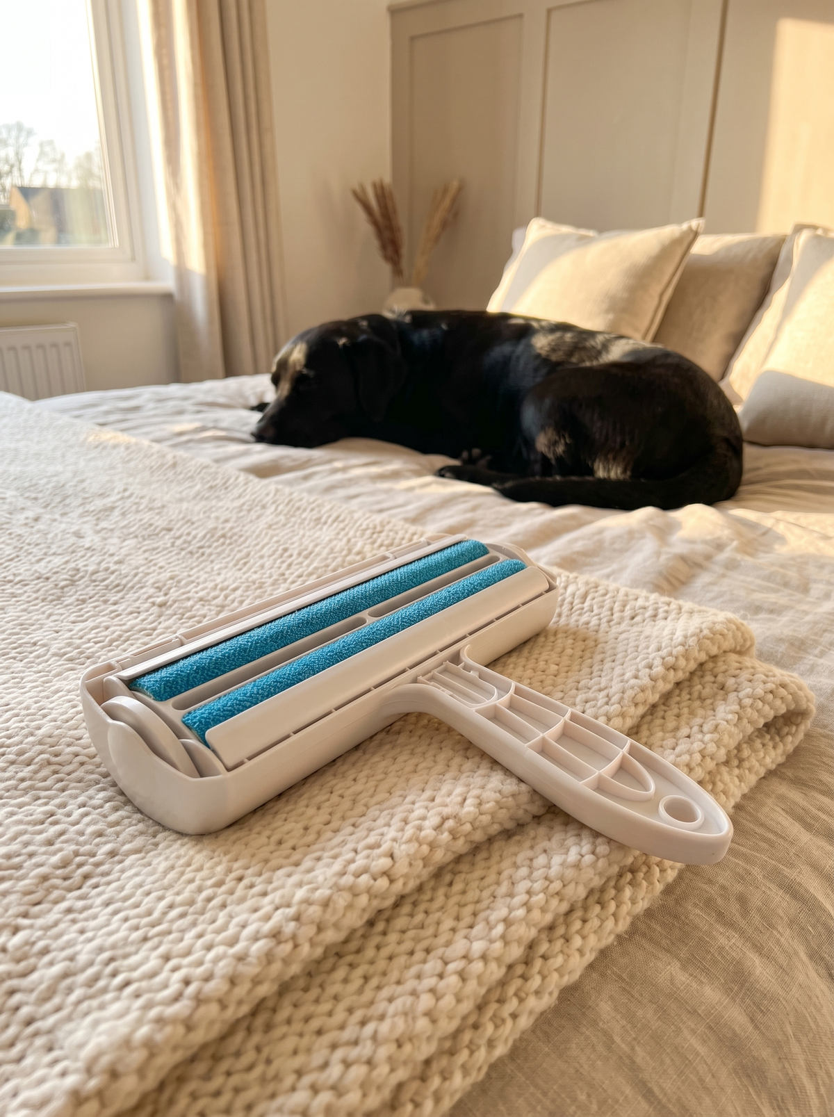 Pet hair remover roller on a folded throw at the foot of a bed with a black Labrador asleep behind