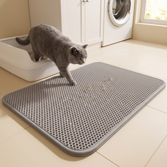Grey British shorthair cat stepping out of a litter tray onto the honeycomb litter mat